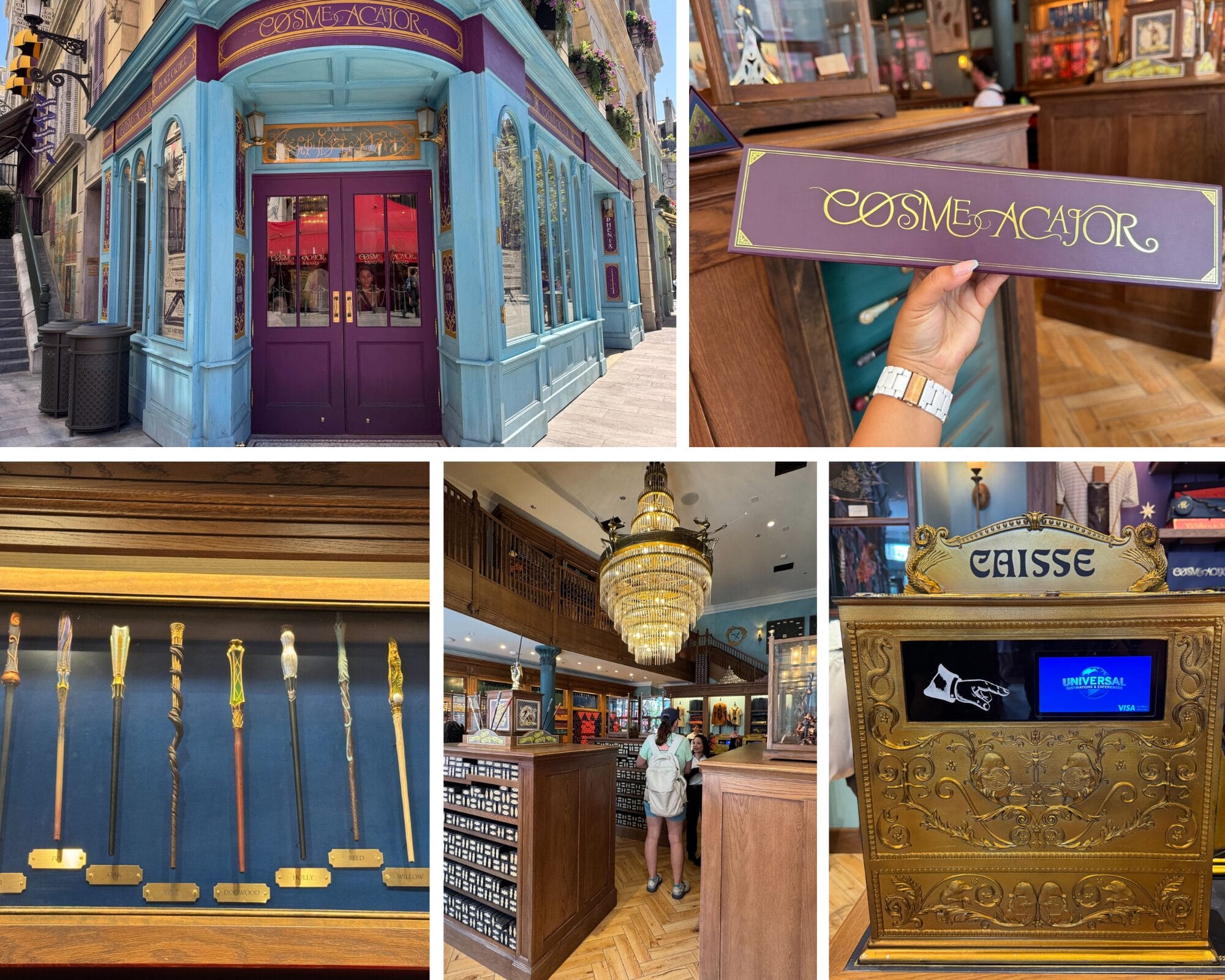 A collage of a wizard-themed shop with Cosme Acajor Baguettes Magique, ornate decor, and a glowing chandelier.