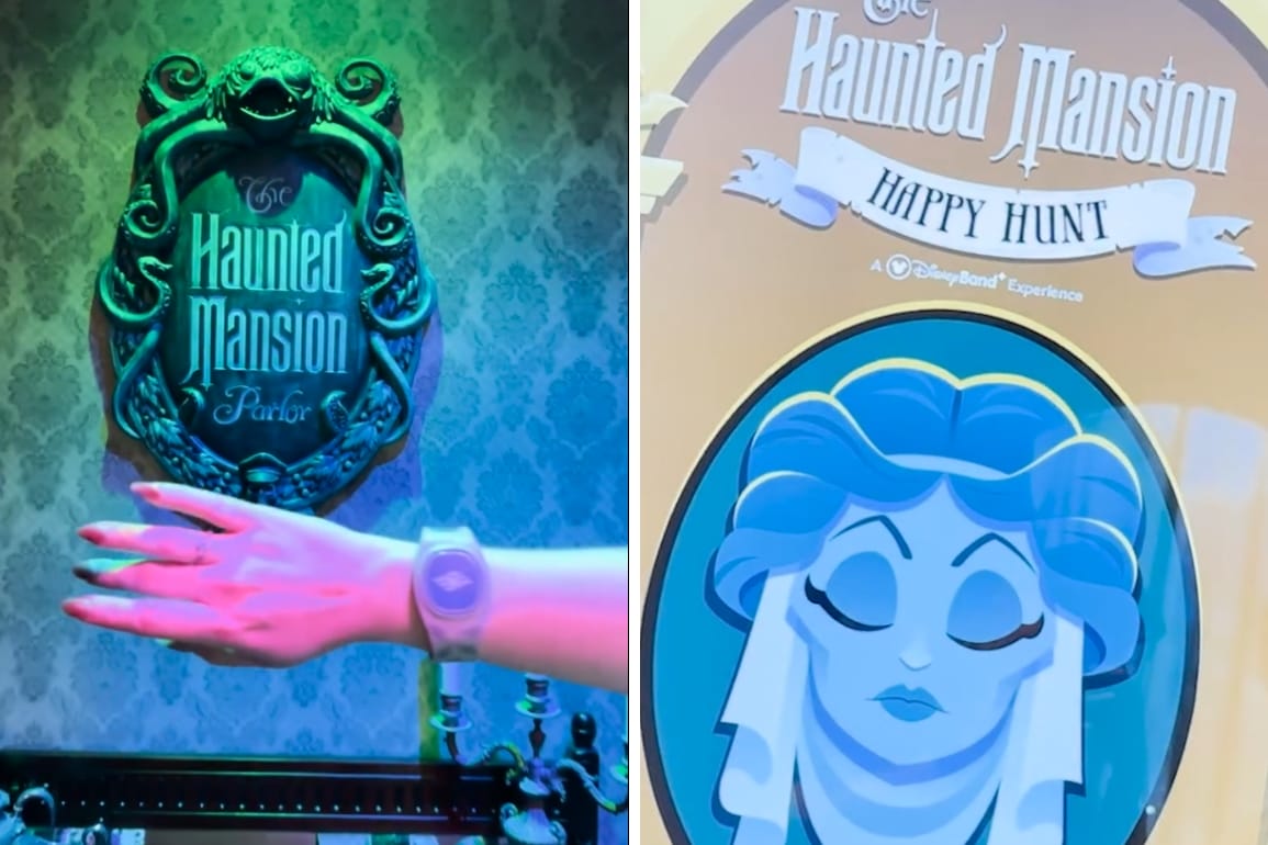 A hand with a DisneyBand+ near a Haunted Mansion Parlor sign; Madame Leota and "Happy Haunt" text on another sign.