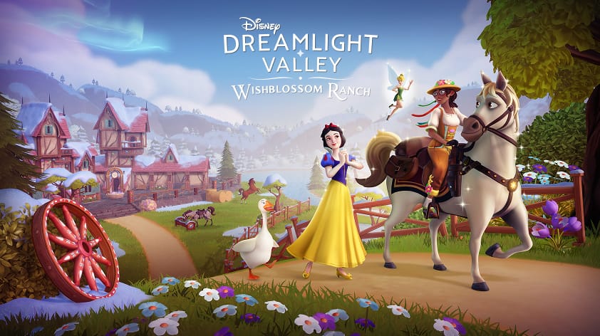 Snow White, Maximus, and Tinkerbell are in the foreground of an idyllic pastoral village landscape showcasing the Disney Dreamlight Valley: Wishblossom Ranch expansion.