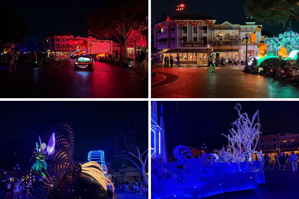 Collage of four Paint the Night Parade floats with colorful lights passing through a decorated Disneyland street.