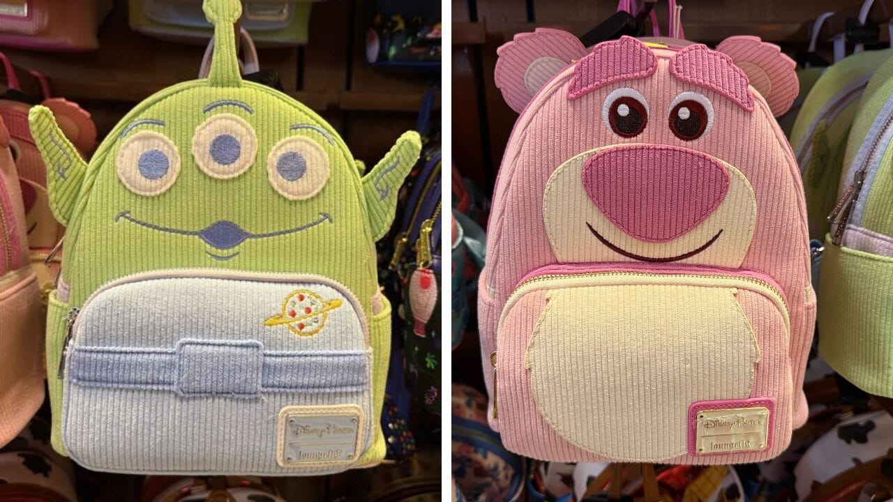 Pastel Pixar Loungefly mini backpacks: Toy Story alien (green) and Lotso bear (pink), perfect for Disneyland Resort.