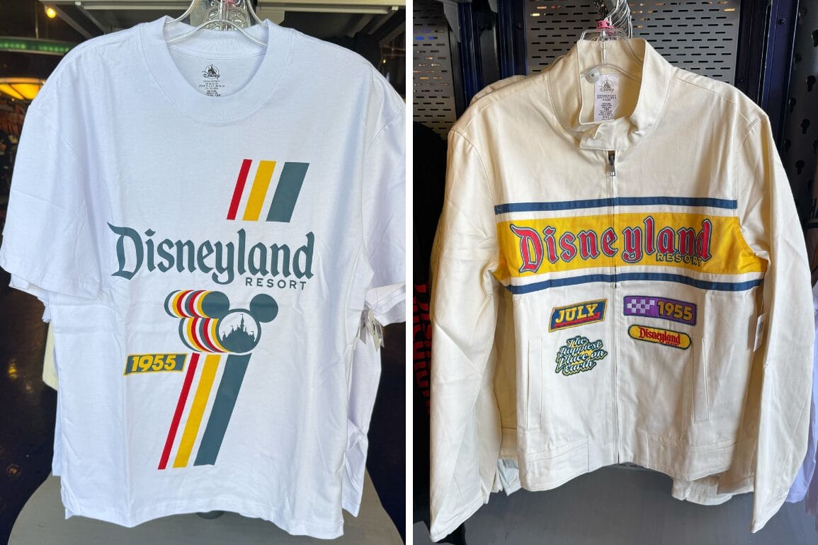 White Disneyland 1955 apparel collection, featuring retro designs and racing-inspired colorful stripes, displayed in store.