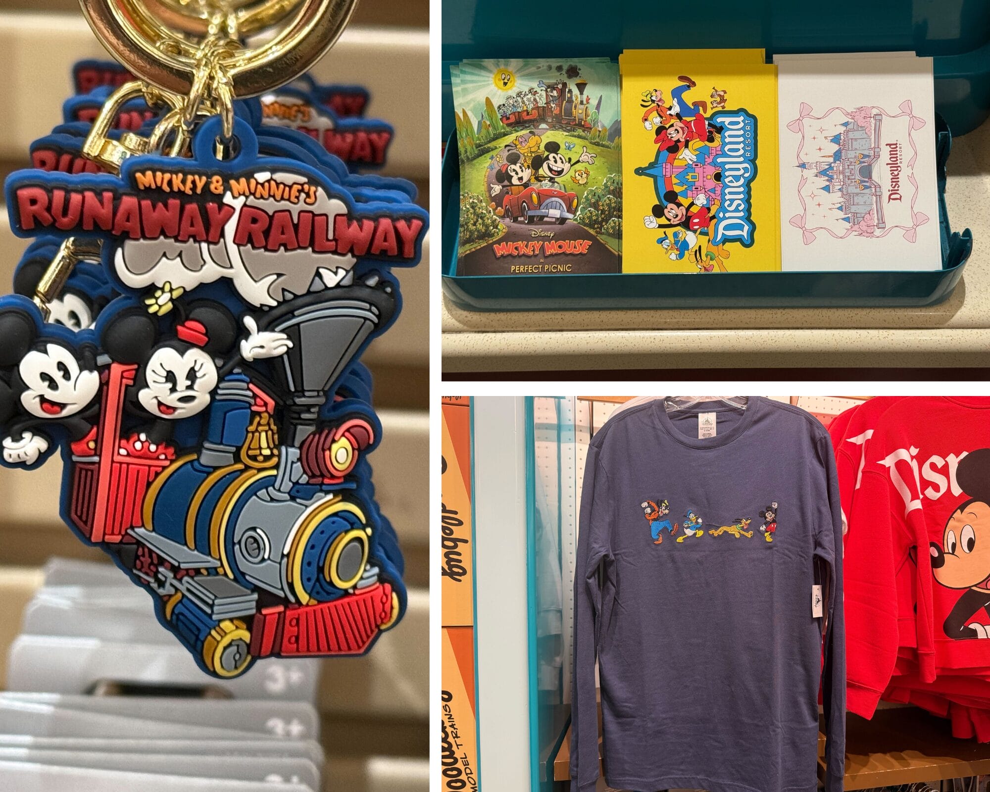 Mickey and Minnie keychain, new Disneyland postcards, and a blue shirt with Mickey & Friends merchandise designs.