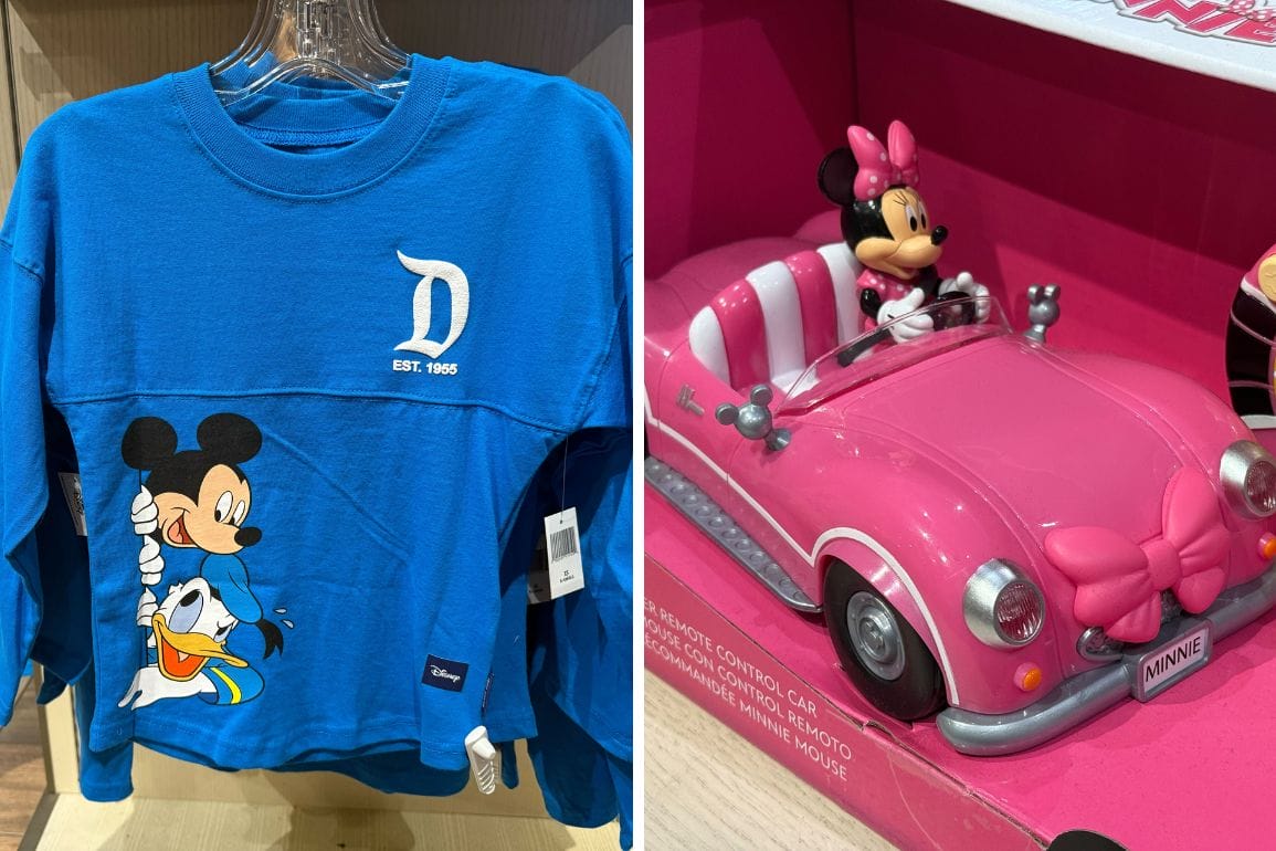 Left: Blue Disneyland Spirit Jersey with Mickey and Friends. Right: Toy car with Minnie Mouse in a pink convertible.
