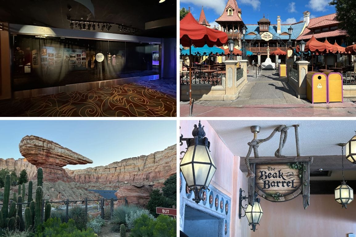 A collage of four Disney park scenes, inspired by Walt Disney Imagineering: museum display, castle, desert rocks, and pub sign.