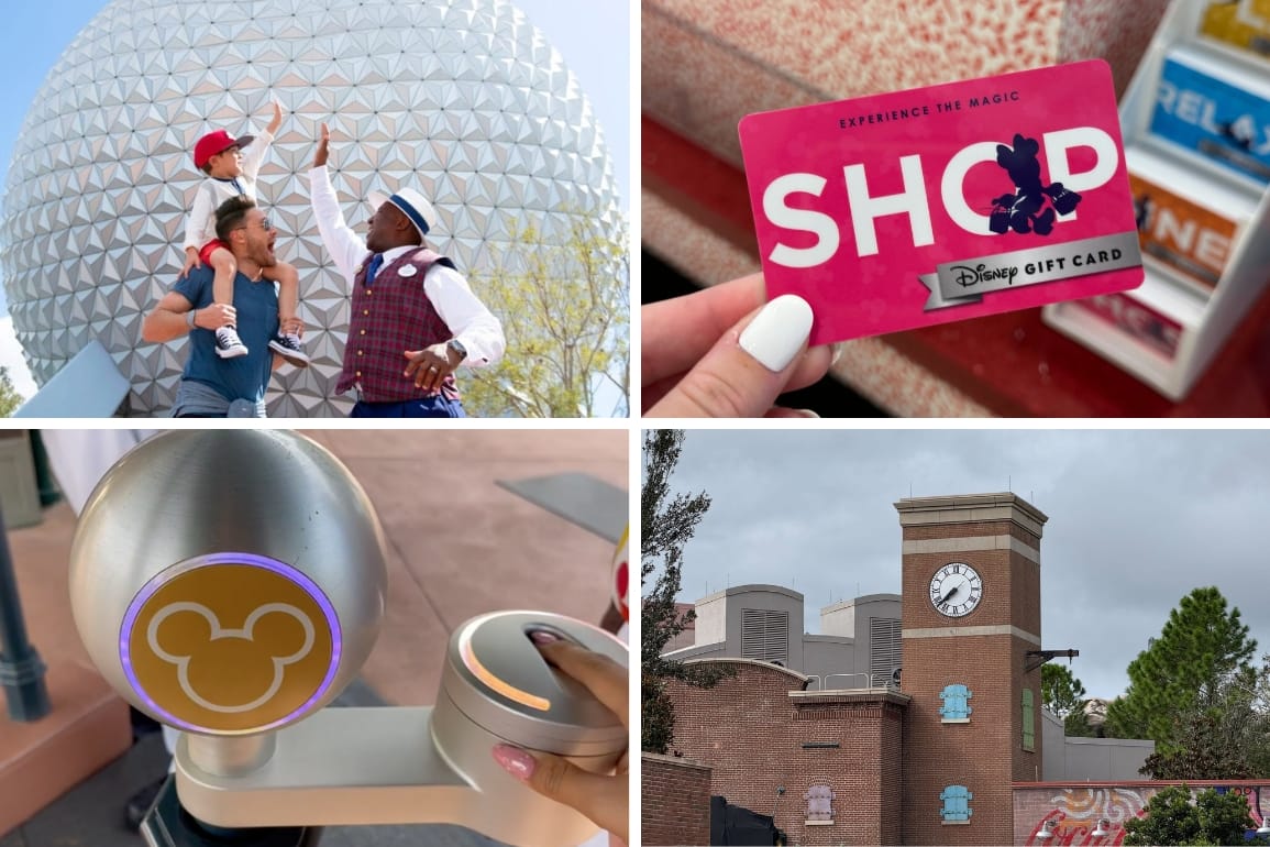 Daily Recap collage: a dad and son high-five a VIP Tour Guide in front of Spaceship Earth at EPCOT, a hand holds a Disney Store gift card, a hand uses a tapstile entrance at Walt Disney World, and the former MuppetVision Clock Tower