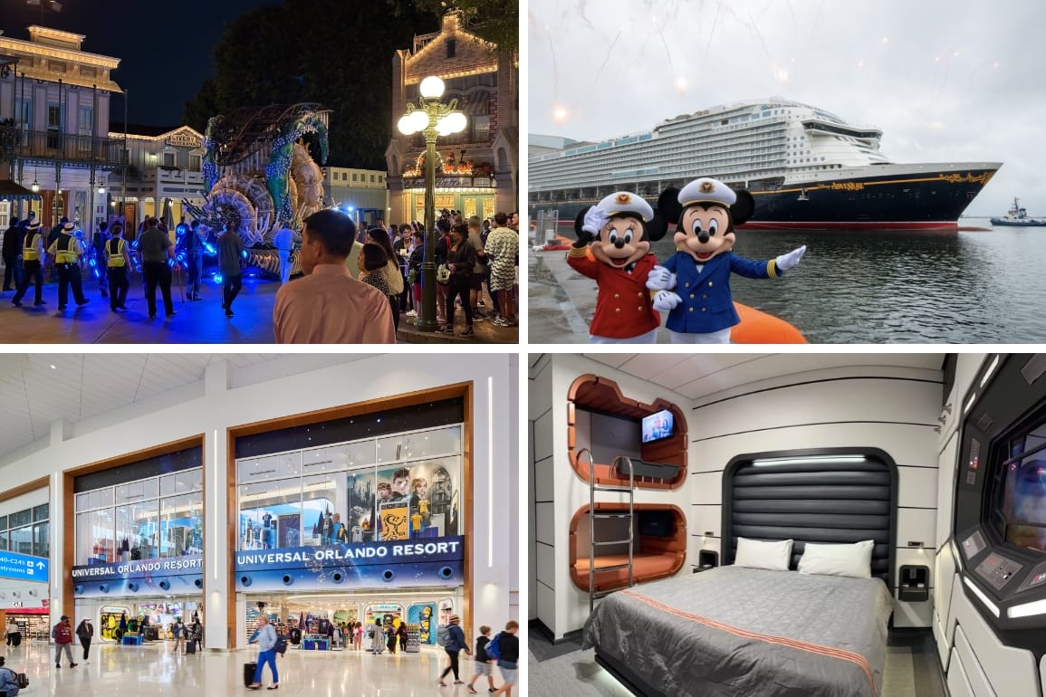 A Daily Recap collage: the Paint the Night Little Mermaid float is towed away at Disneyland, the Disney Adventure cruise ship, the Orlando International Airport (MCO), and a replica of a Star Wars: Galactic Starcruiser cabin.