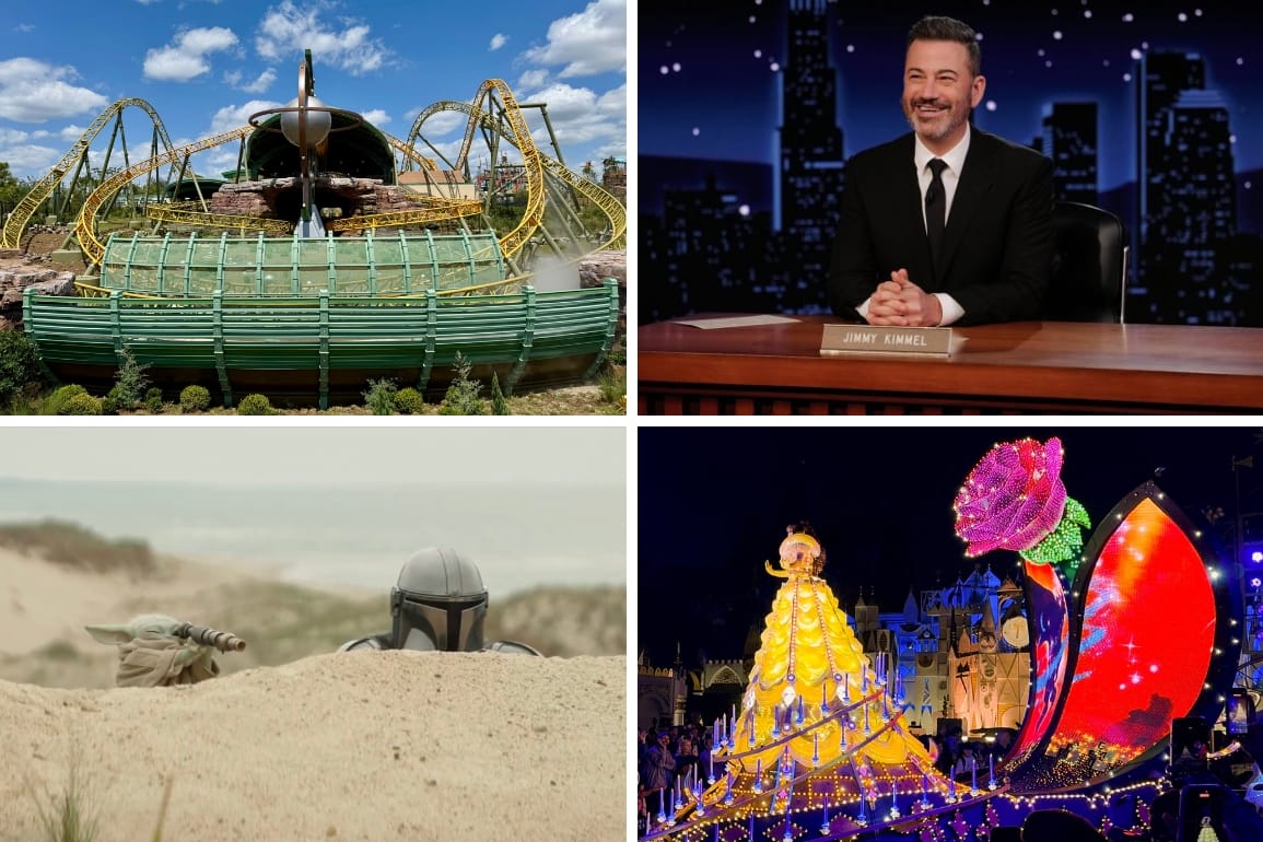 A Daily Recap collage: Stardust Racers at Epic Universe, Jimmy Kimmel, The Mandalorian and Grogu, and Disneyland's Paint the Night parade.