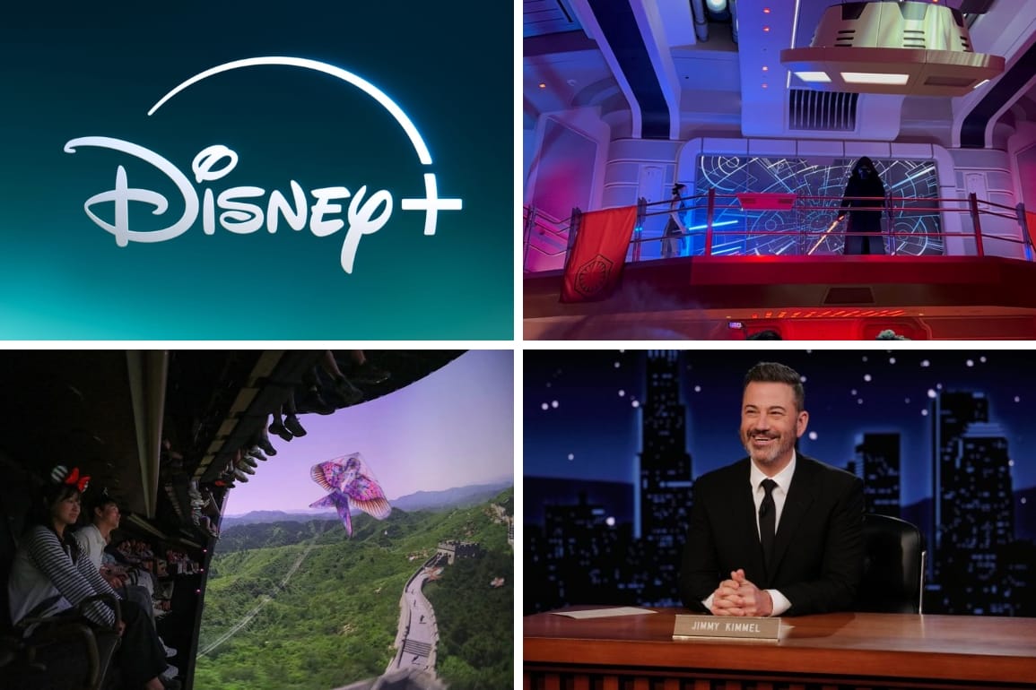 A Daily Recap collage: Disney+ logo, Star Wars Galactic Starcruiser, Soarin' at Shanghai Disneyland, Jimmy Kimmel
