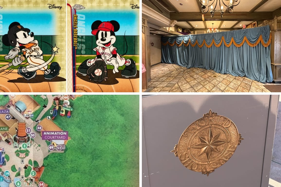 A collage with Mickey Mouse art, a curtained area, a park map, and a gold emblem on a gray surface.