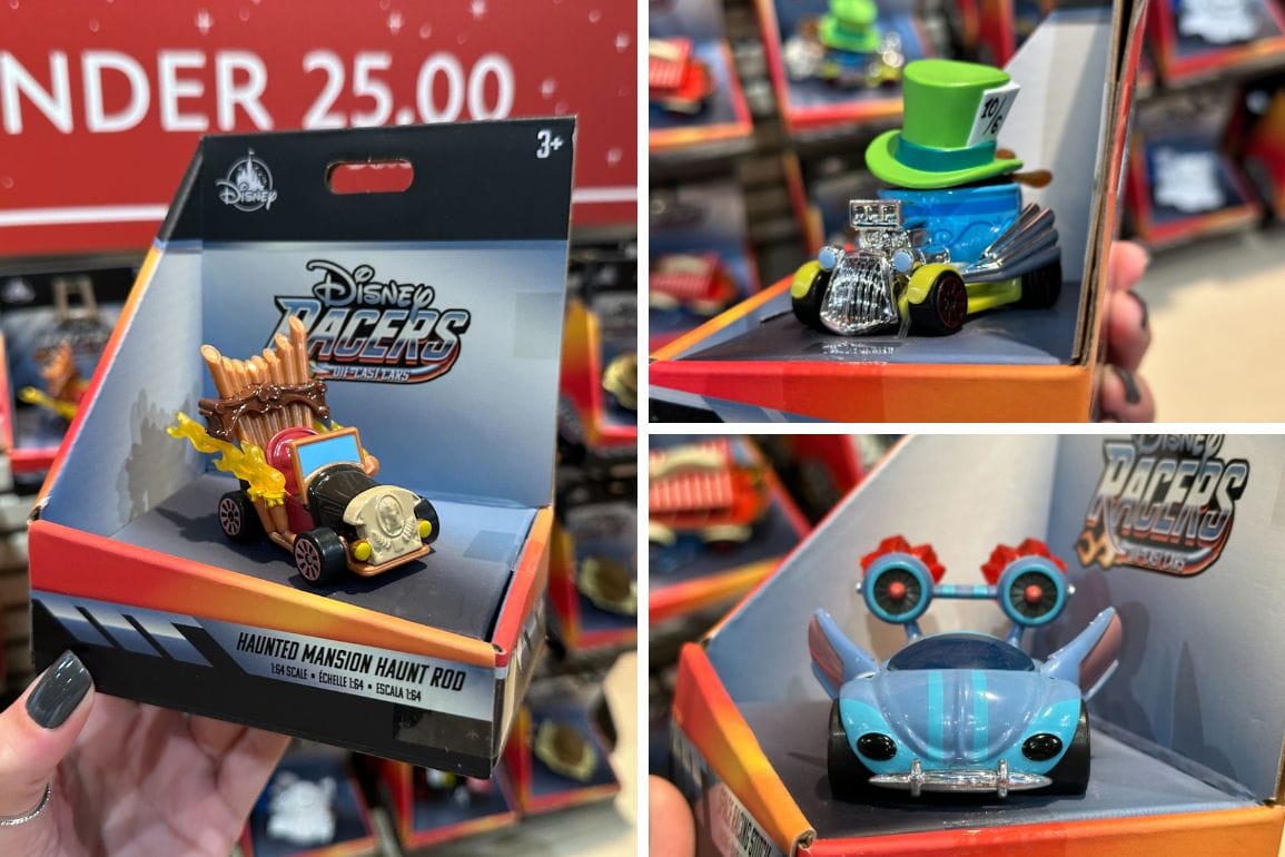 Three images of Disney Racers toys—Haunted Mansion, Mad Hatter, and Stitch—in store packaging at Disney World.