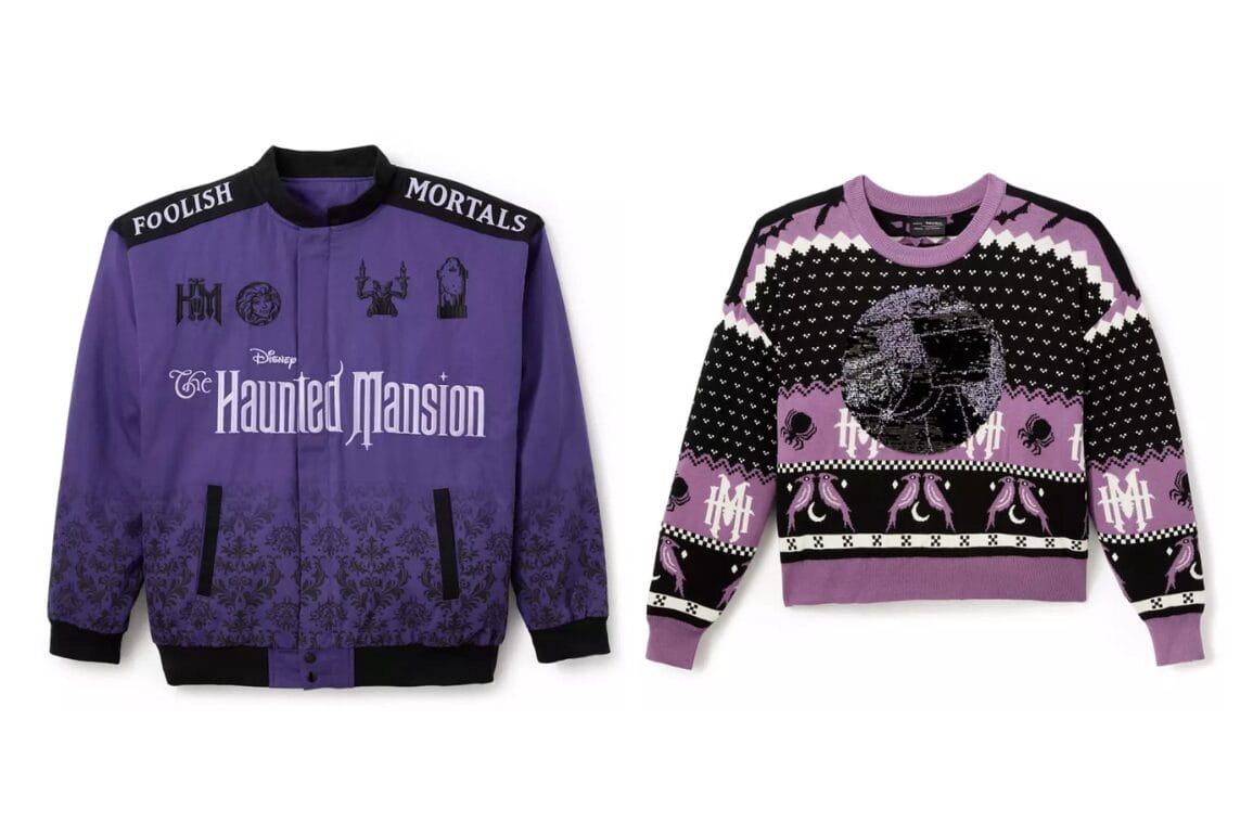Purple Haunted Mansion apparel from the Her Universe collection, featuring gothic designs, Disney logo, and themed graphics.