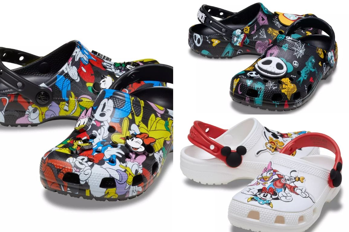 Four pairs of Crocs shoes with Mickey and Friends, Disney Store exclusives, and Nightmare Before Christmas Crocs designs.