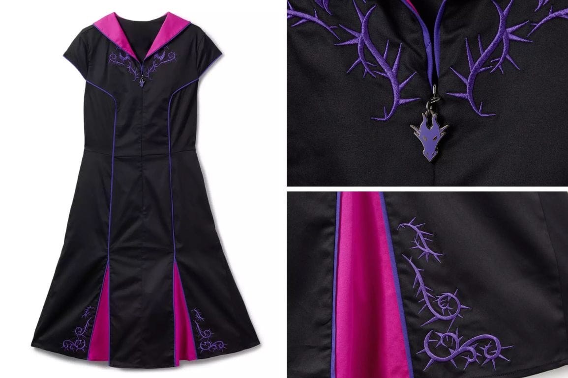 Black Maleficent dress with purple embroidery, magenta lining, and a flame pendant; a Disney Parks Dress Shop exclusive.