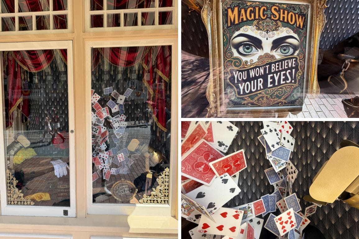 Collage of magic-themed scenes: card tricks, a "Magic Show" sign, and scattered cards in window displays on a black cushion.
