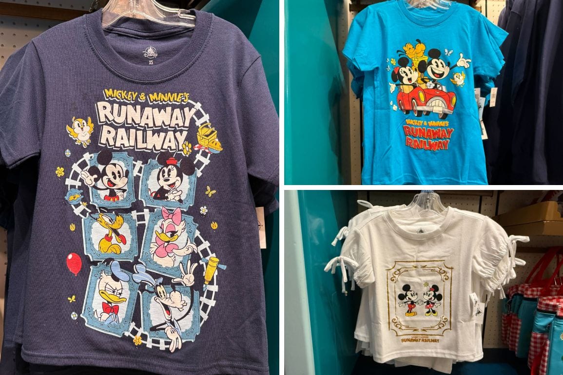 Three youth shirts featuring Mickey & Minnie’s Runaway Railway designs, displayed on store racks at Disneyland.