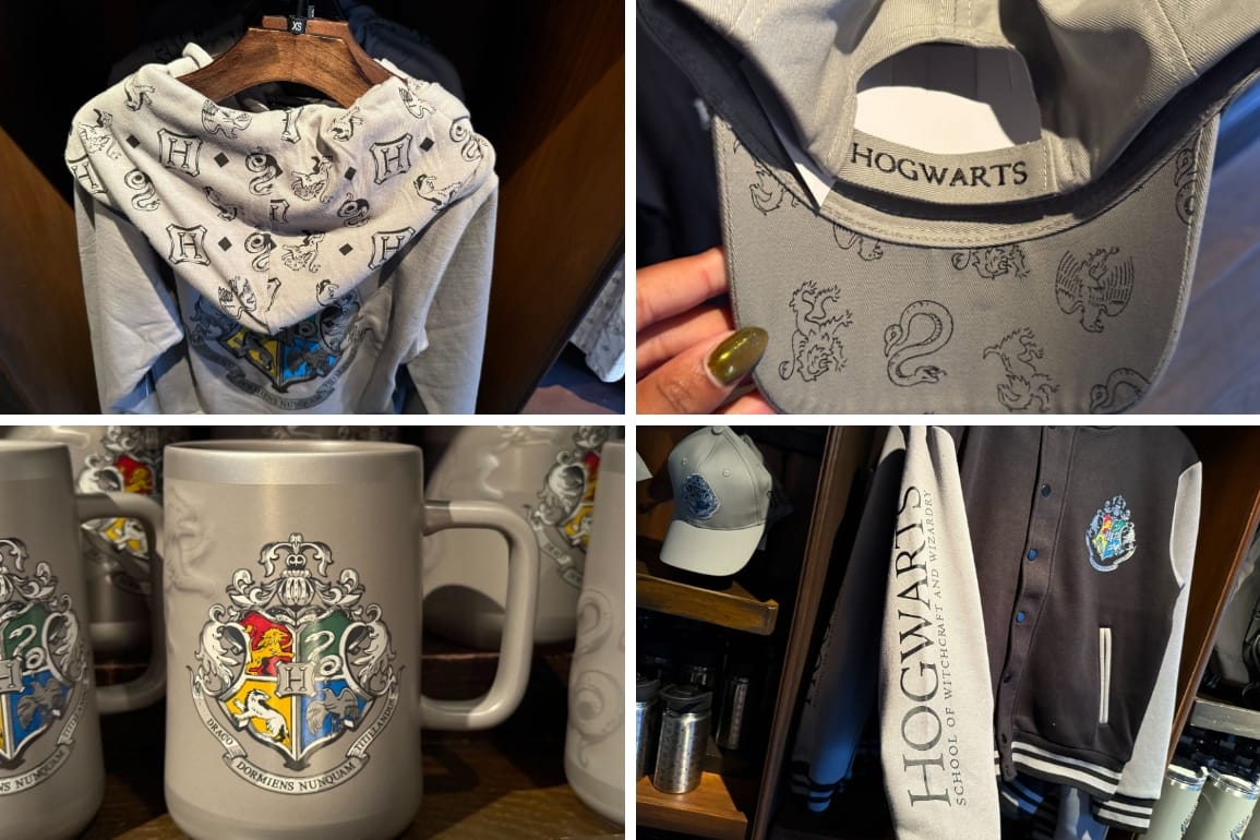 Gray Hogwarts Collection pieces: hoodie with patterned lining, trucker hat with patterned brim, mug, and varsity jacket with "Hogwarts" on the sleeve.