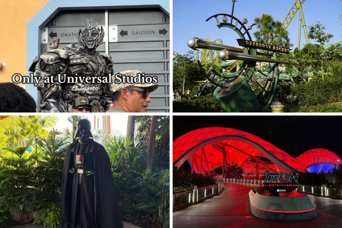 Four Universal Studios scenes: Megatron, sci-fi ride entrance, Darth Vader, and a glowing red TRON coaster at night.