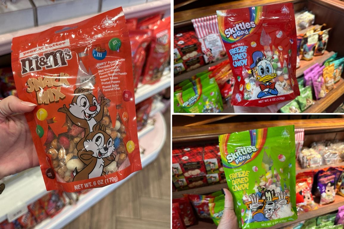 Three images show Disney World-themed candy bags, featuring M&M’s Snack Mix and Skittles Freeze-Dried Candy flavors.