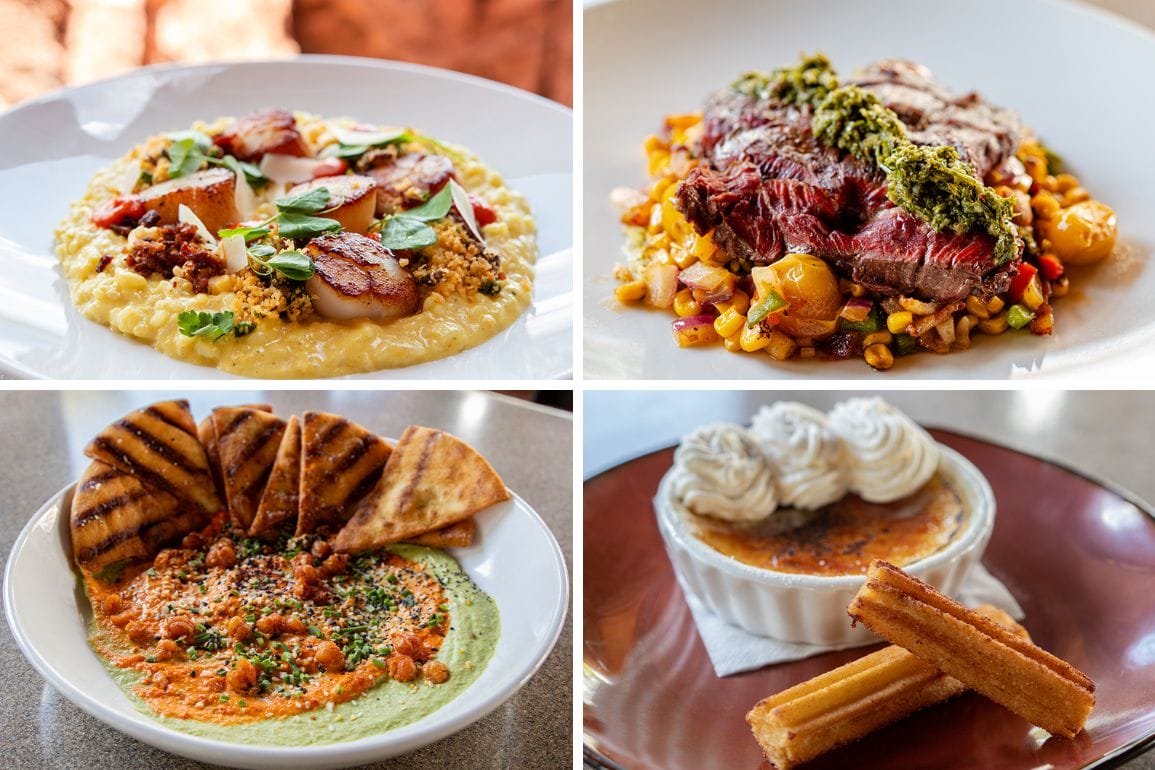 Enjoy four dishes—scallops on risotto, steak with vegetables, hummus with pita, and crème brûlée—at Confisco Grille.