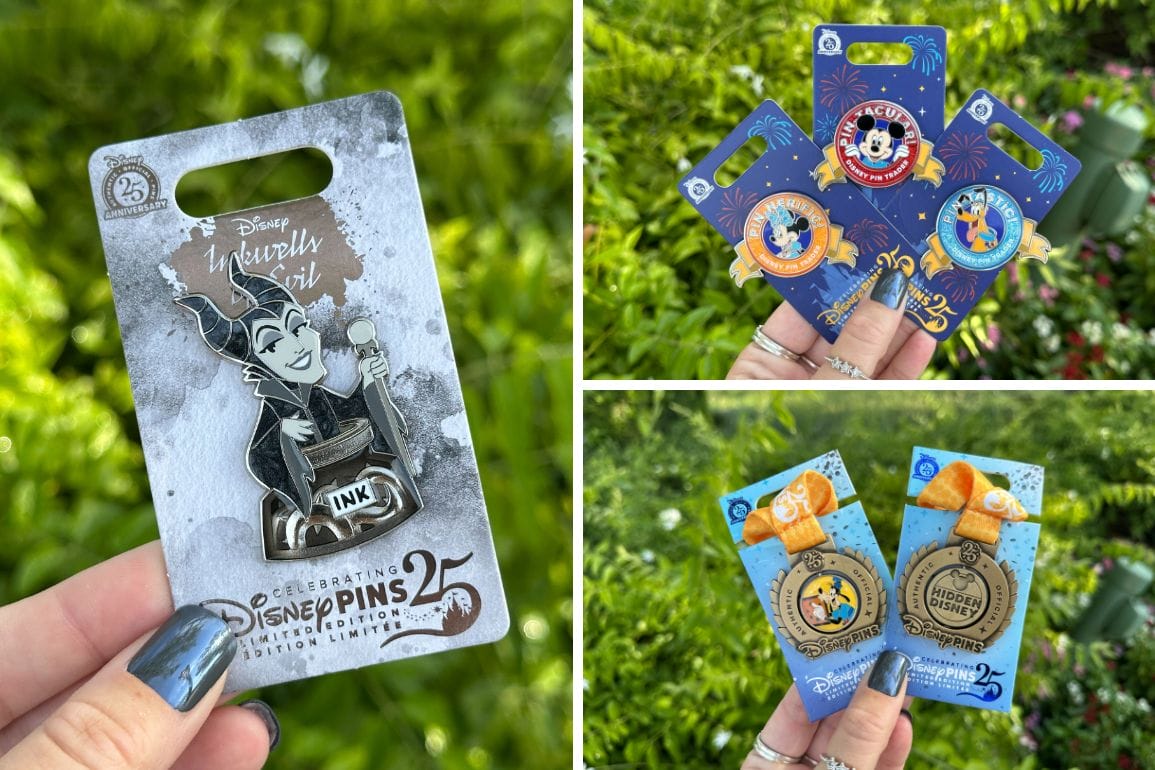 A hand holds 25th Anniversary Pins and other Disney World pins, perfect for Pin Trading, against lush greenery.