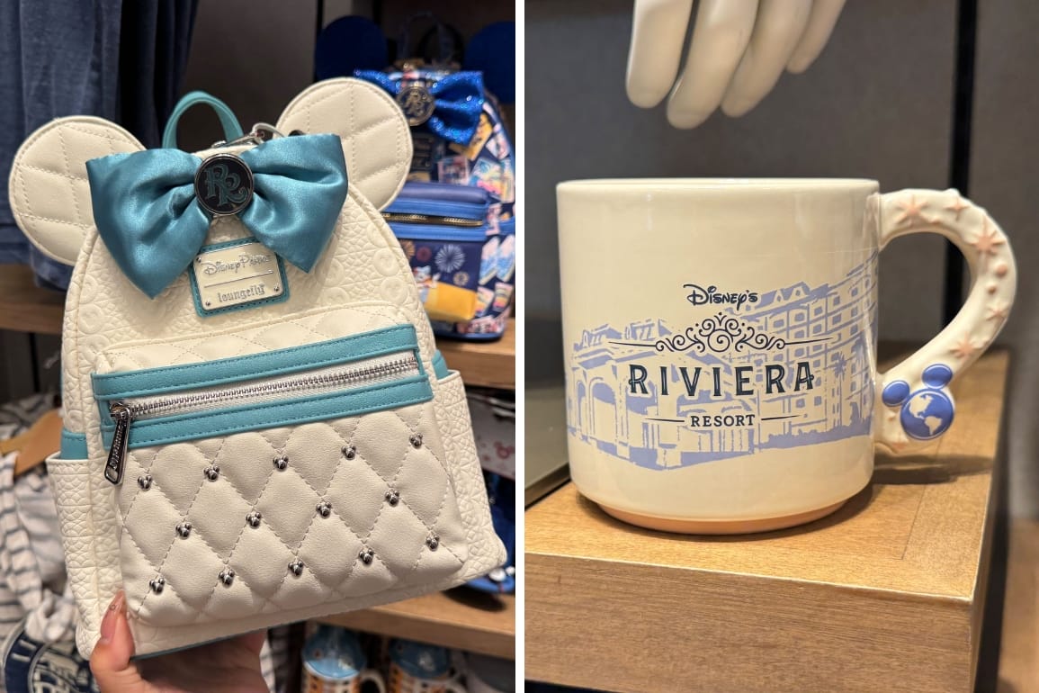A white quilted Mickey backpack and exclusive Riviera Resort merchandise mug are displayed in a store.