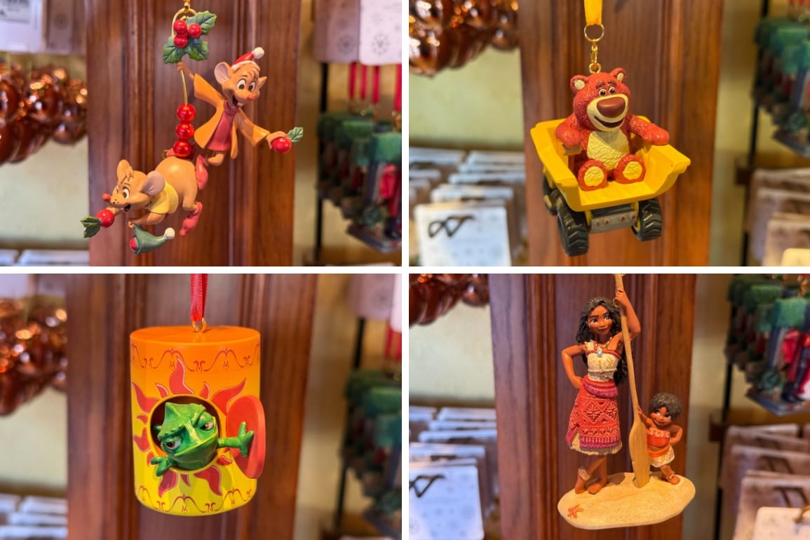 Four Disney Sketchbook Ornaments featuring Jaq and Gus, Lotso, Pascal in a lantern, and Moana with her sister Simea.