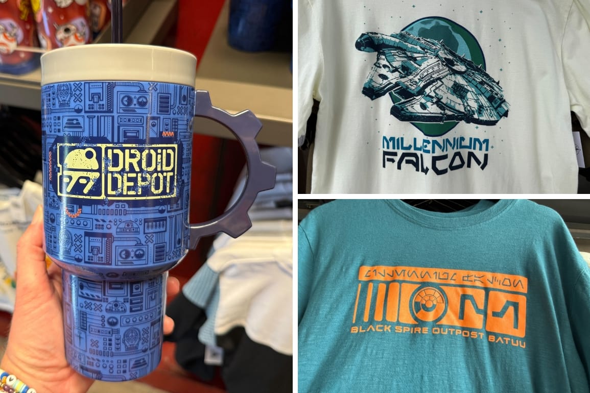 New merch at Star Wars: Galaxy's Edge in Disney's Hollywood Studios: a blue Droid Depot travel tumbler, a white Millennium Falcon shirt, and blue Black Spire Outpost shirt.