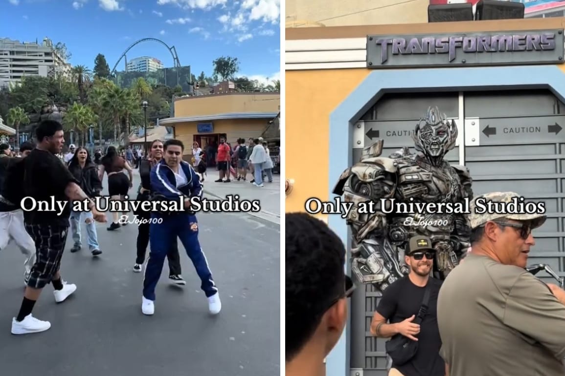 Split image: Left shows people fighting at Universal Studios Hollywood; right, Megatron poses with visitors outside an attraction.