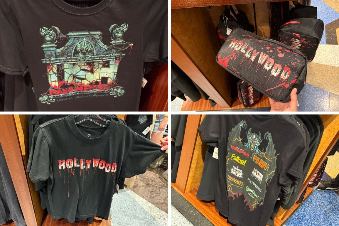 Four images show Universal Studios Hollywood Halloween Horror Nights T-shirts and a pouch with spooky Hollywood designs.