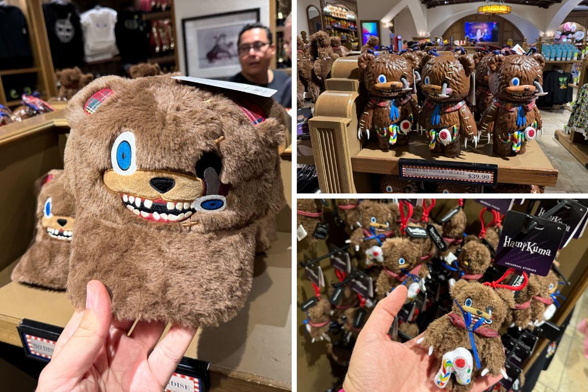 Collage of HamiKuma Merchandise with crazy eyes and teeth at Universal Studios Halloween Horror Nights 2025.