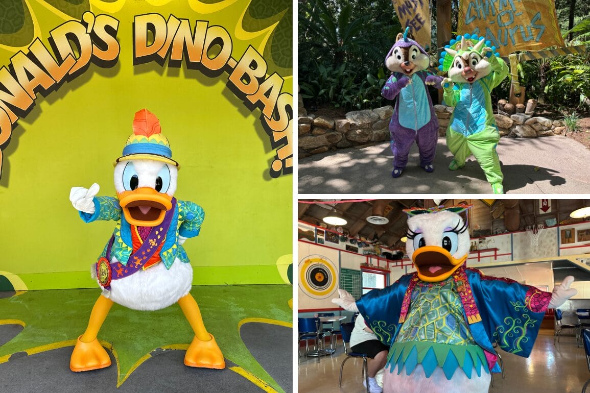 Donald Duck and chipmunks in vibrant dino costumes at Disney’s Animal Kingdom Meet & Greets, posing in festive settings.