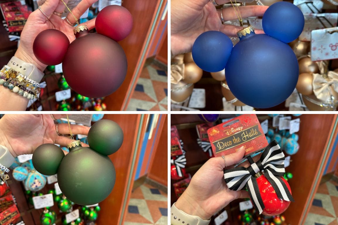 Four hand-held Holiday Ornaments shaped like Mickey Mouse heads in red, blue, green, and a bow-topped Minnie.