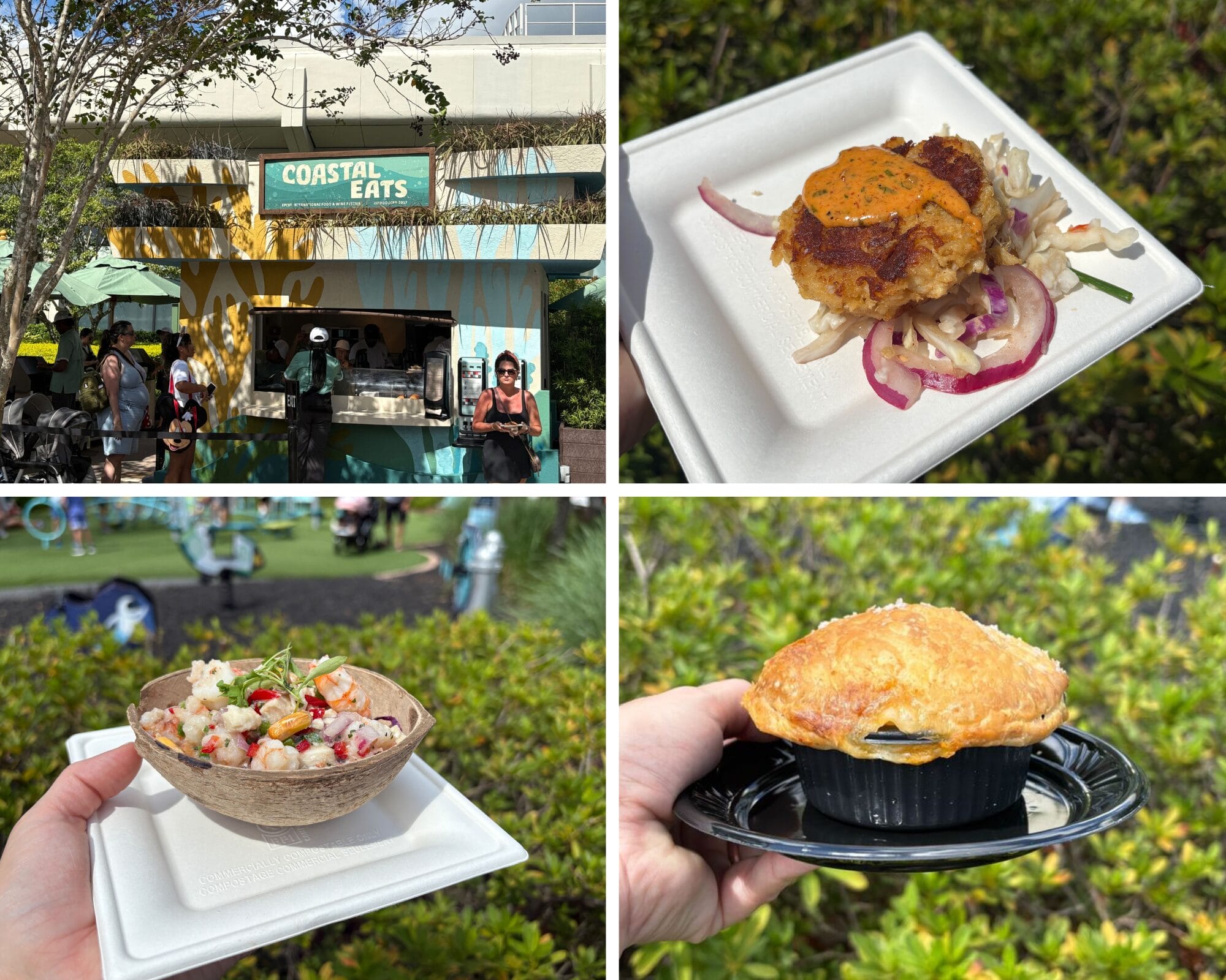 Coastal Eats at the EPCOT International Food & Wine Festival serves three seafood dishes displayed outdoors on plates.