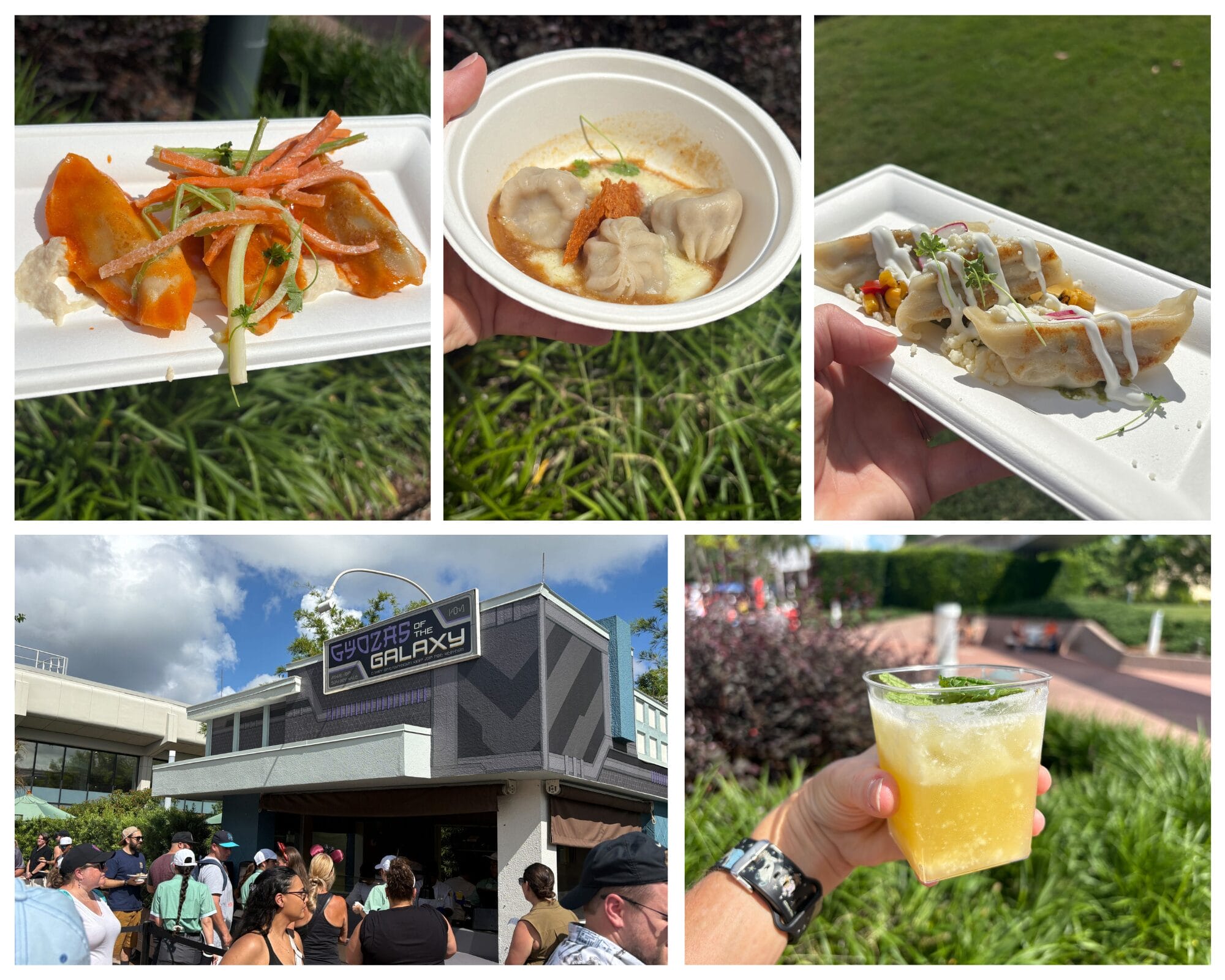 Collage of Gyozas of the Galaxy dumplings, a drink, and people outside Space 220 at EPCOT International Food & Wine Festival.