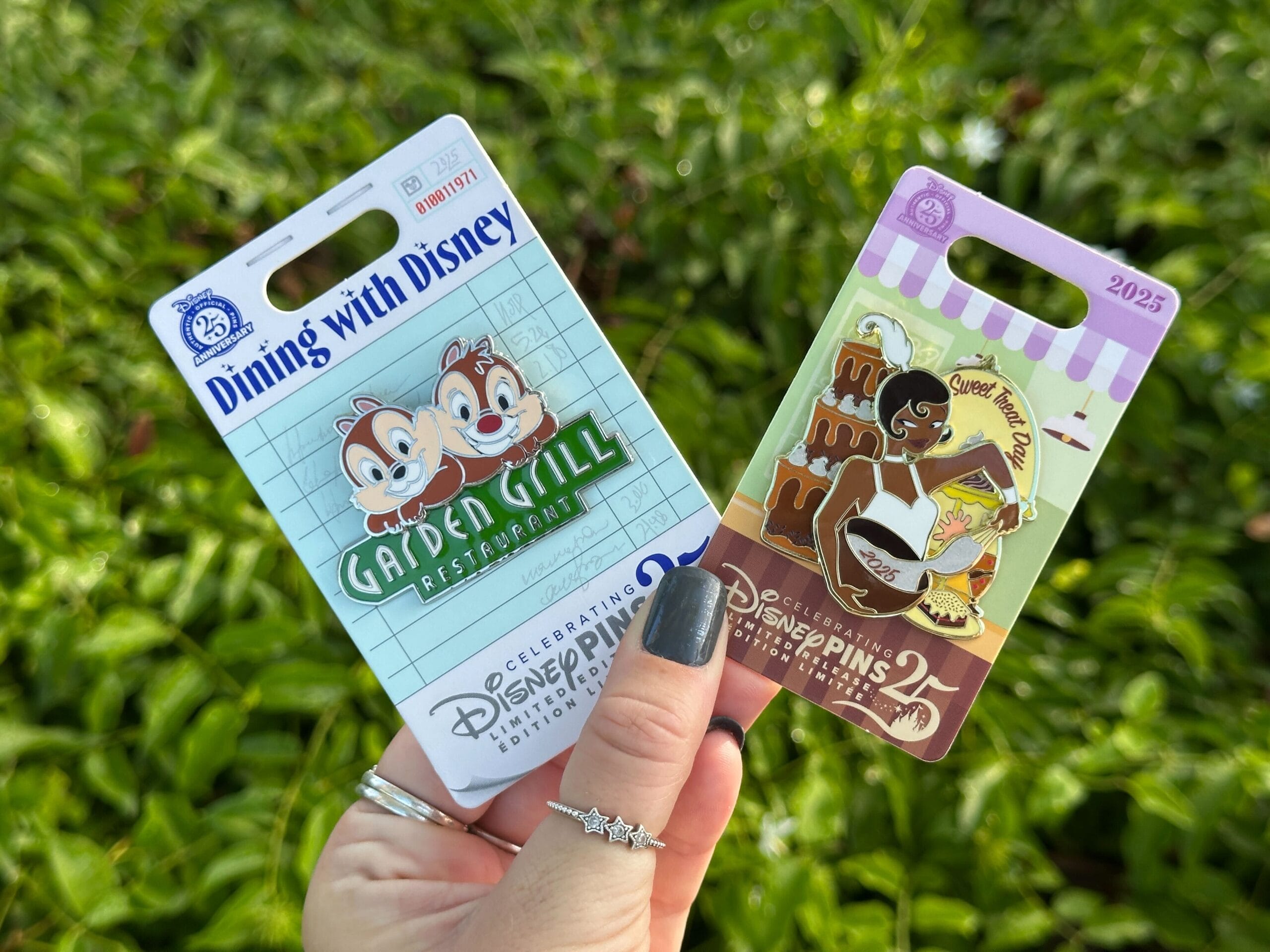A hand holds two Disney collectible pins on cards—Chip and Dale and Tiana—perfect for any Disney+ daily recap collector.