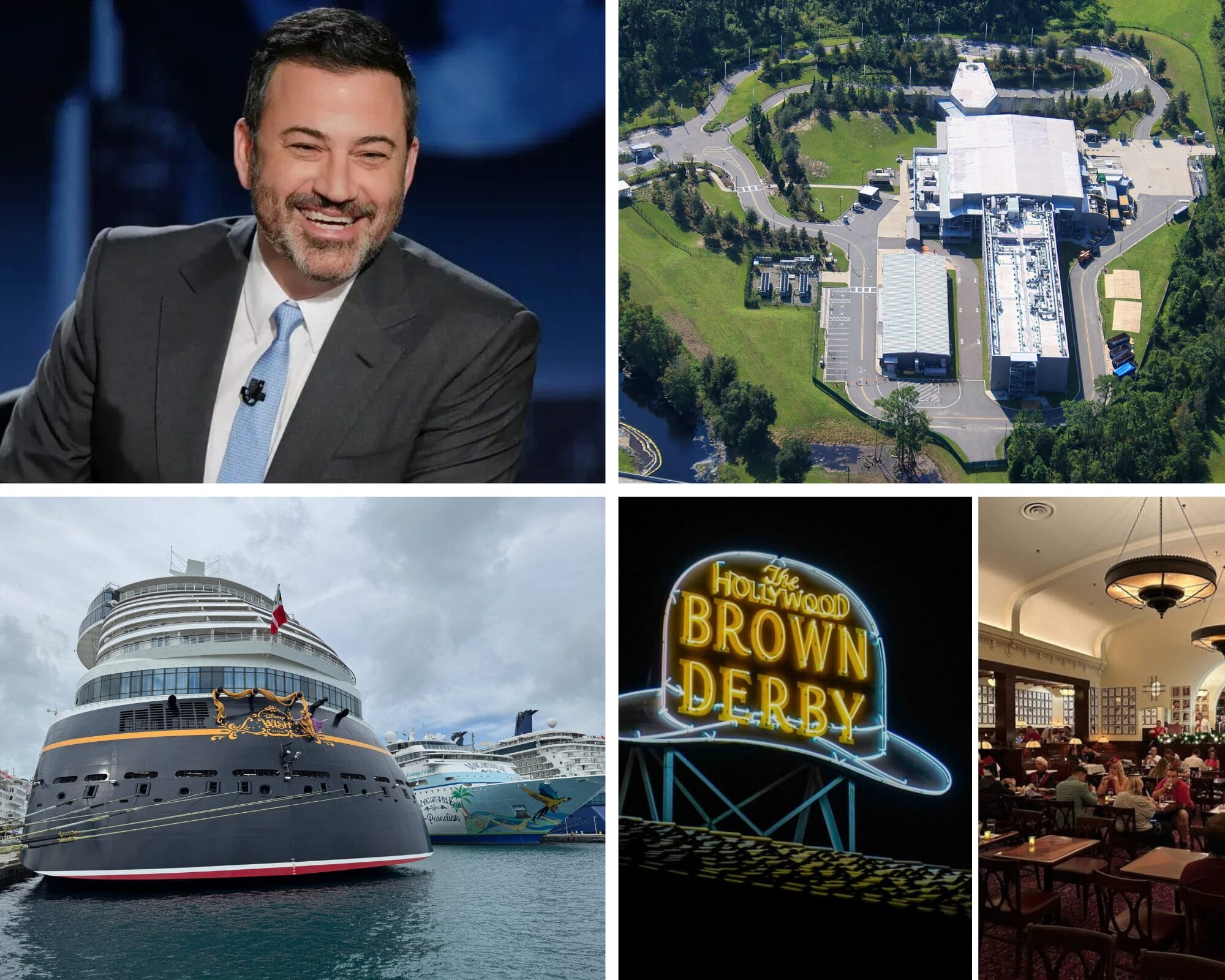 A collage with Jimmy Kimmel, ABC Stations’ aerial TV studio view, a cruise ship, Brown Derby sign, and restaurant interior.