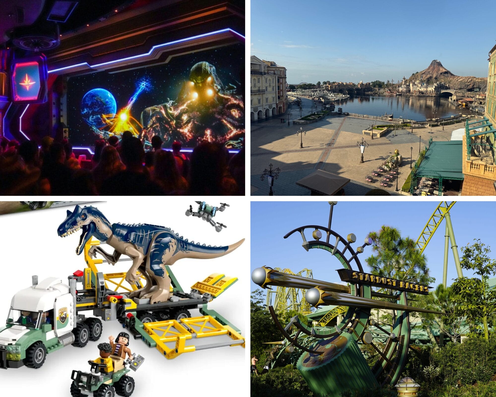 Daily Recap: A sci-fi stage show, waterfront theme park, LEGO dinosaur set, and coaster entrance with greenery on 9/28/25.