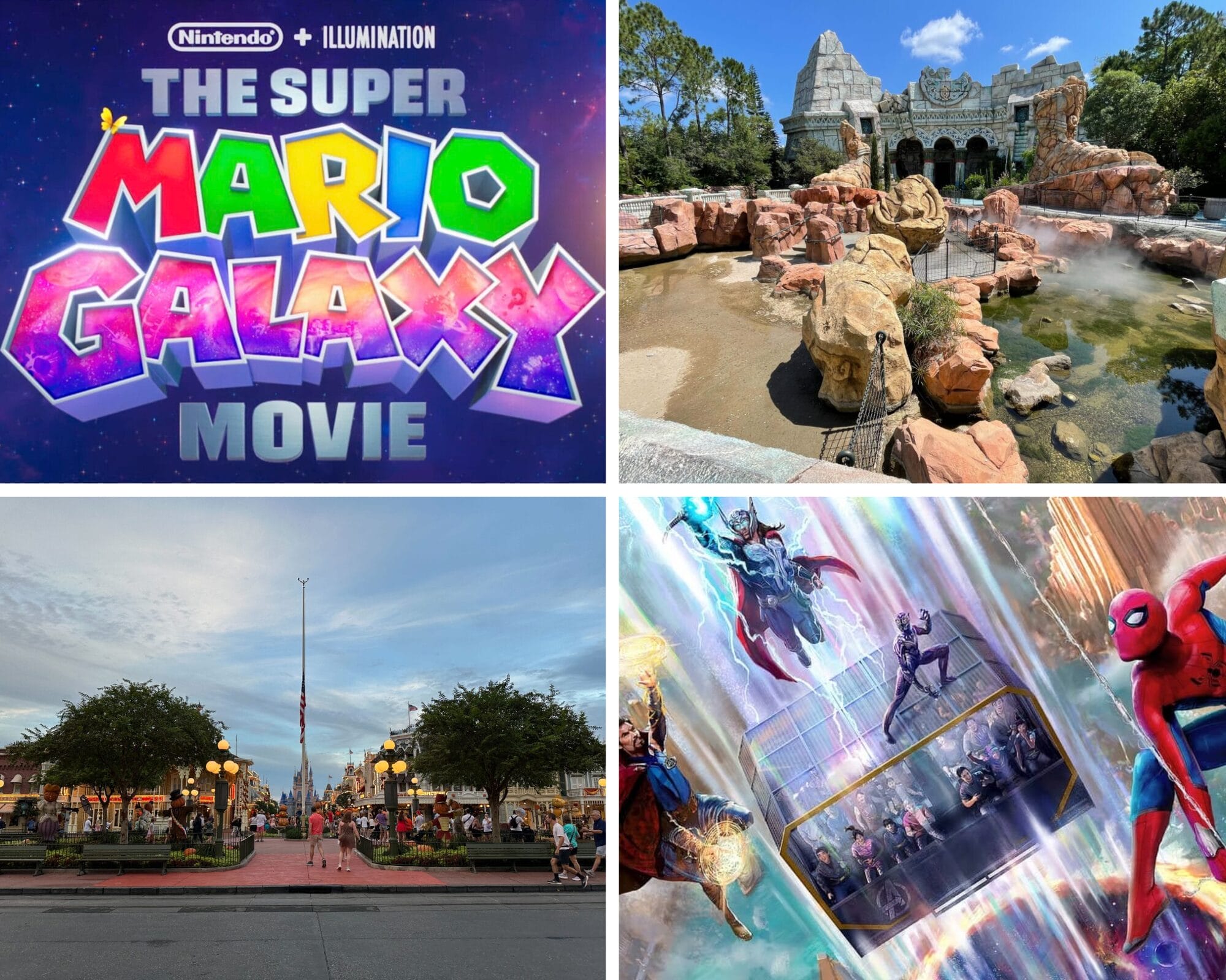 Daily Recap: A collage featuring the Mario Galaxy movie logo, theme park, busy plaza, and Marvel heroes with Spider-Man.