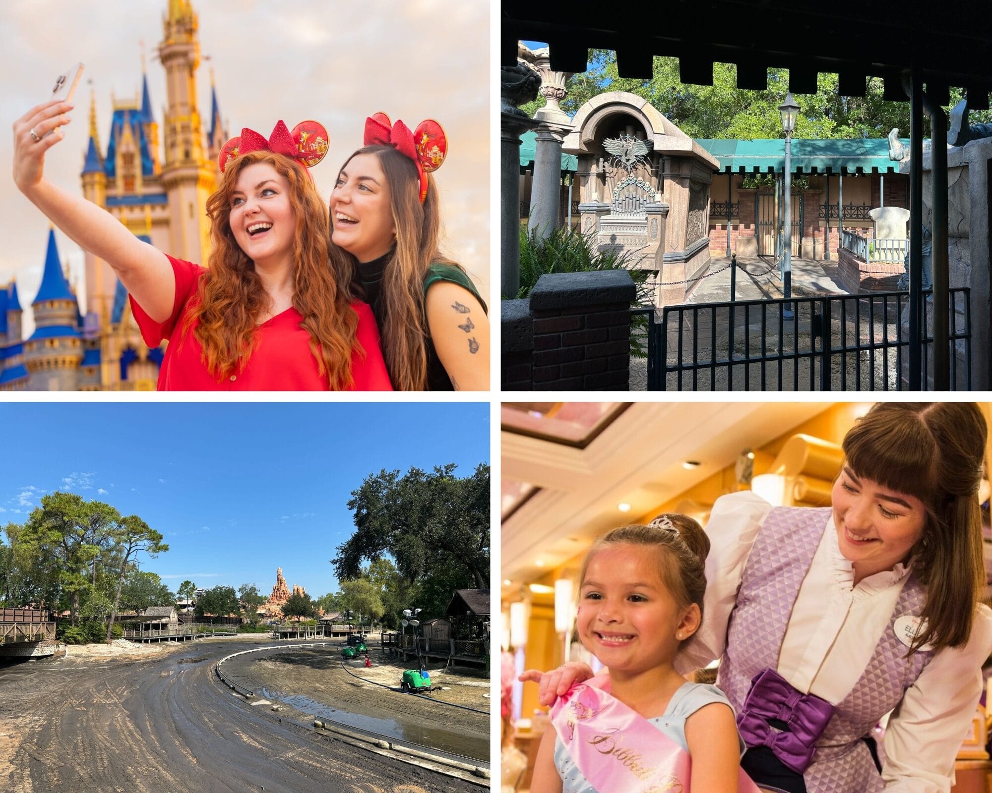 A collage of four Disney park scenes, including merch shopping and a girl at Bibbidi Bobbidi Boutique.