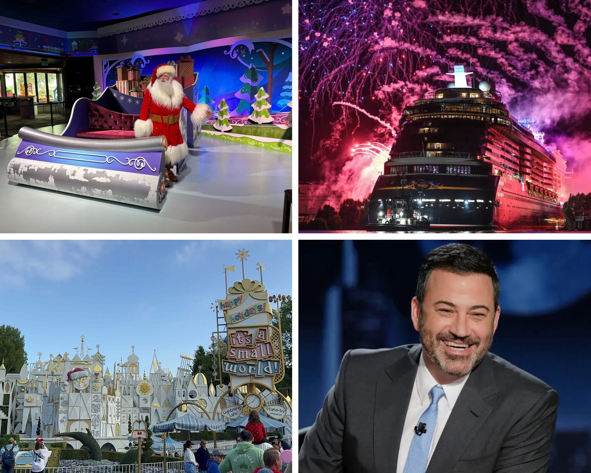 Collage: Santa in a holiday scene, cruise ship fireworks, theme park ride, and a Daily Recap with a man in a suit on TV.