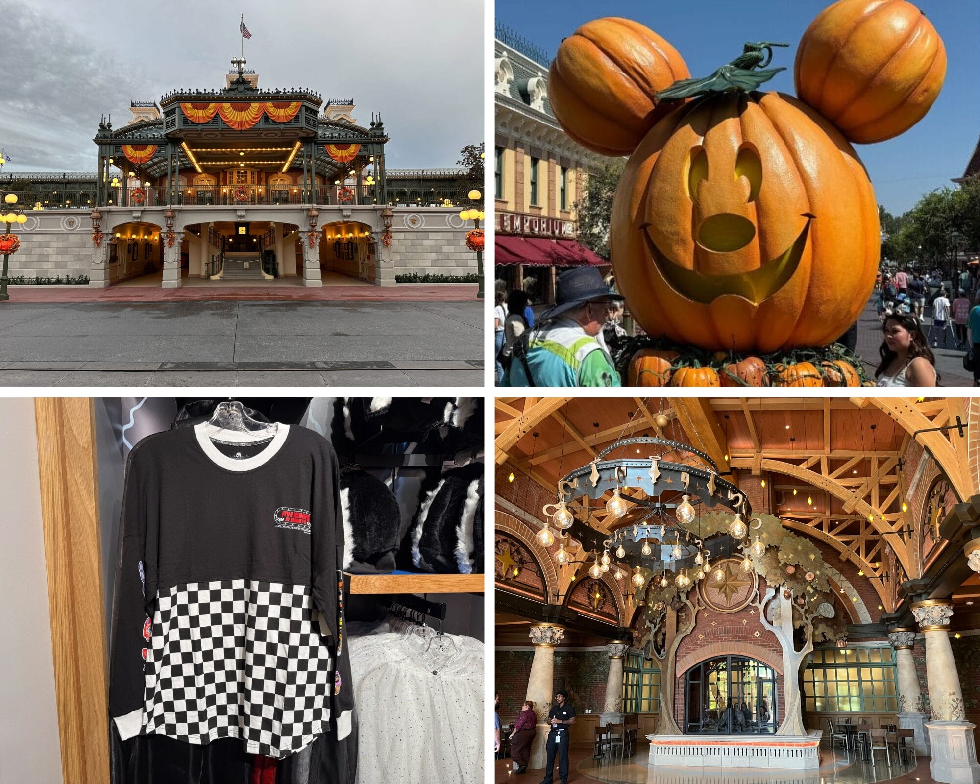 A collage of Disneyland Halloween scenes: entrance, Mickey pumpkin, Epic Eats shirt, and ornate indoor decor.