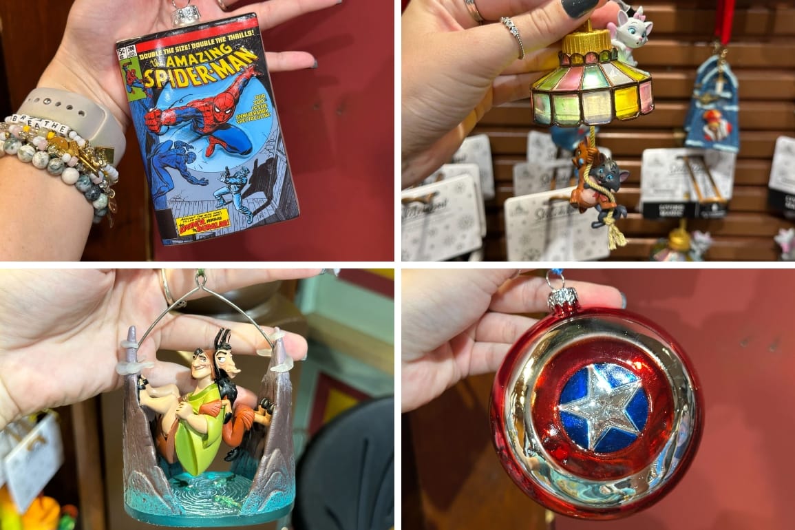 Four Sketchbook Ornaments: Spider-Man comic, Marvel's Captain America's shield, Kuzco, and a circus tent with mouse.