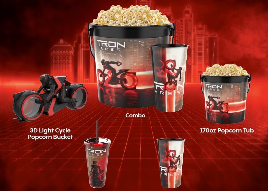 TRON: Ares popcorn buckets, cups, and 3D Light Cycle Popcorn Bucket on a red grid background with a cityscape.