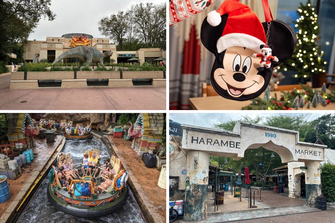 A collage of Disney World: Restaurantosaurus in DinoLand U.S.A., a Mickey Mouse bag, river raft ride, and Harambe Market.