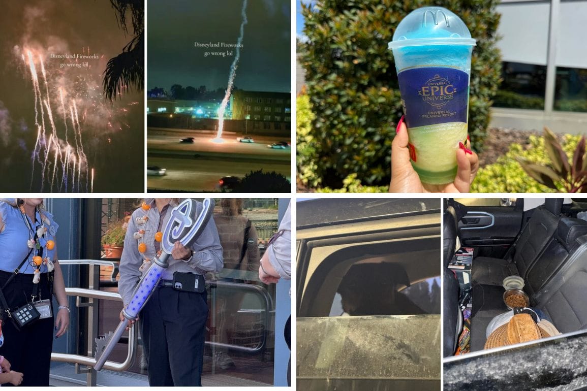 A collage of mishaps: failed fireworks, a melting drink, dropped keys, and spilled food in a car.