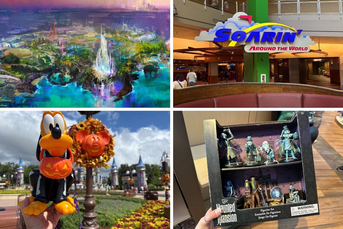 Collage of Disney park art, Soarin' ride sign, Pluto with pumpkin, and Haunted Mansion figurine—perfect for a daily recap.