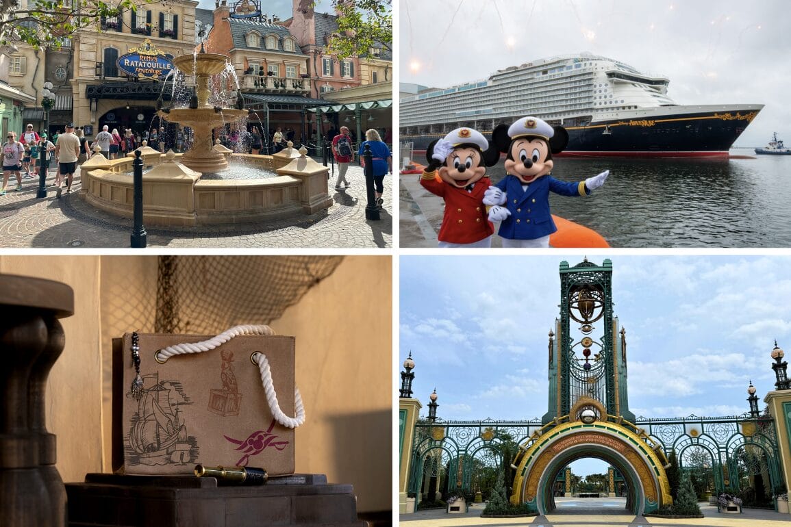 A daily recap collage: Parisian fountain, Mickey and Minnie by a cruise ship, pirate decor, ornate park gate.