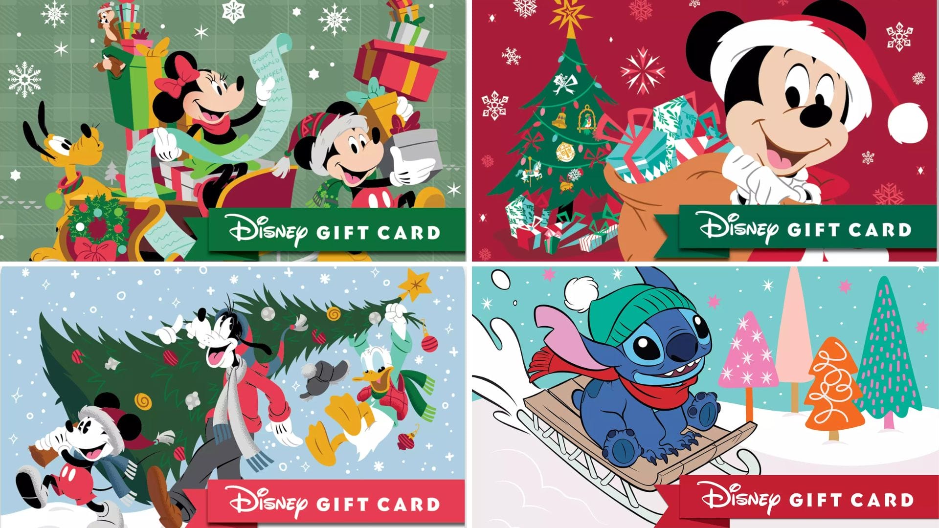 Four festive Christmas Disney Gift Cards feature Stitch and Mickey and Friends celebrating Christmas and winter cheer.