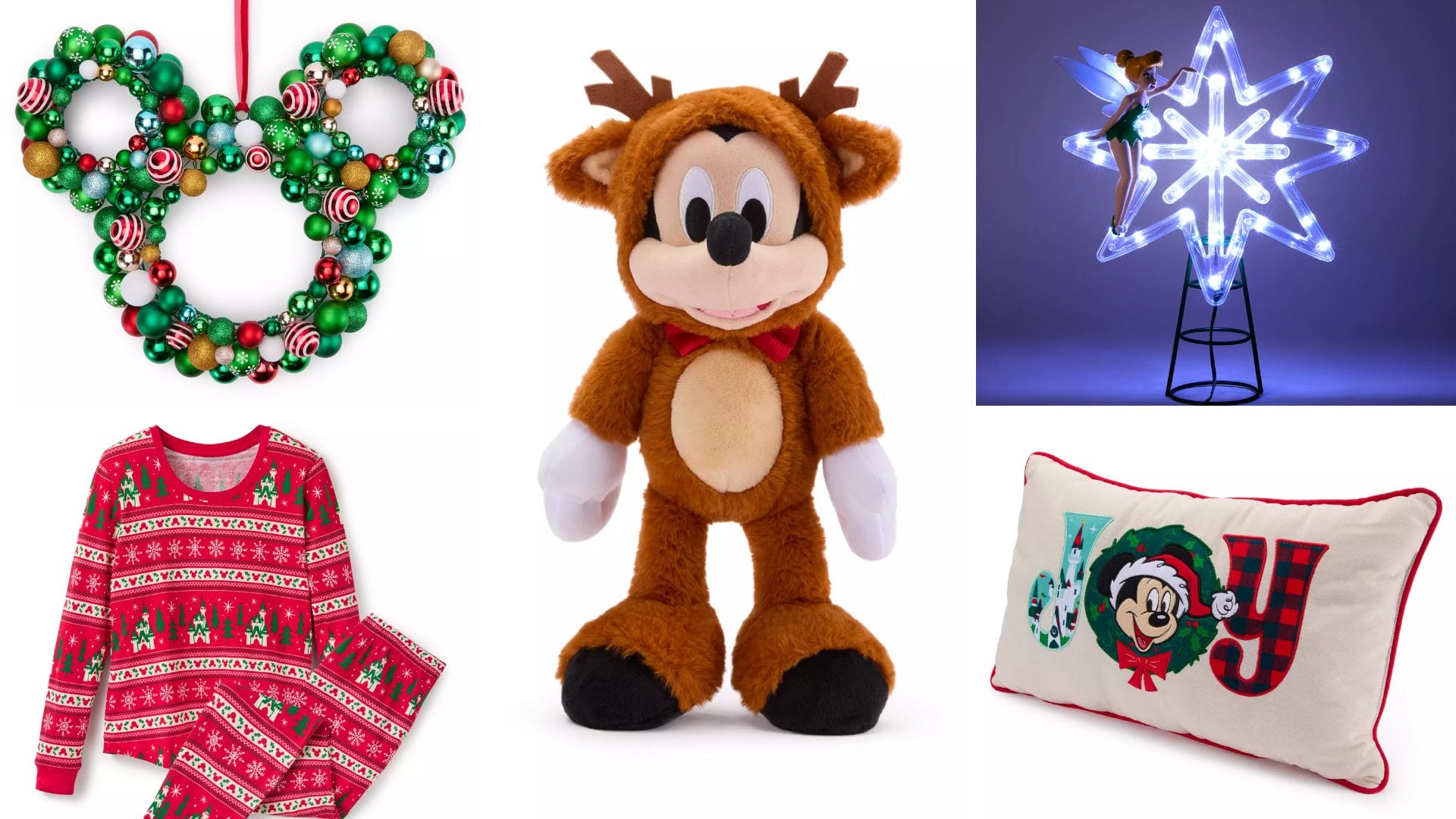 A Disney Store Mickey-shaped wreath, reindeer plush, holiday pajamas, and a festive Mickey Family Christmas pillow.